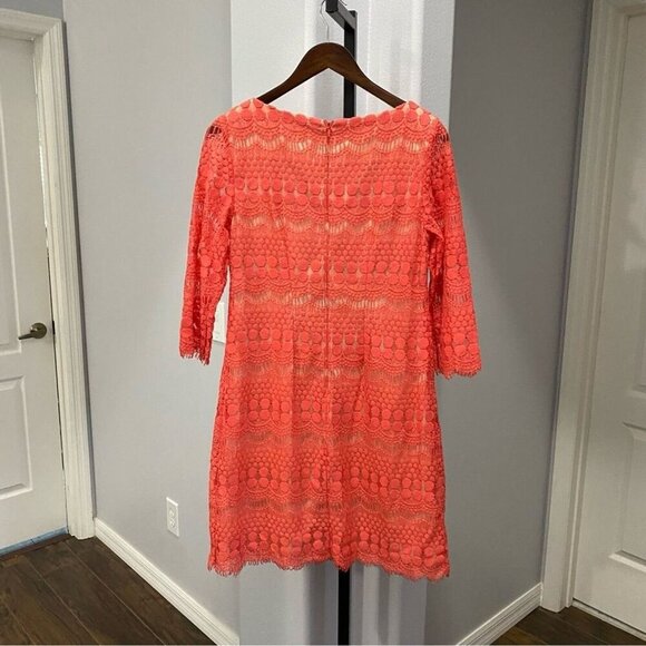 Eliza J 3/4 Length Sleeve Lace Shift Dress Coral Pink Boat Neck Size 6 - Picture 7 of 8